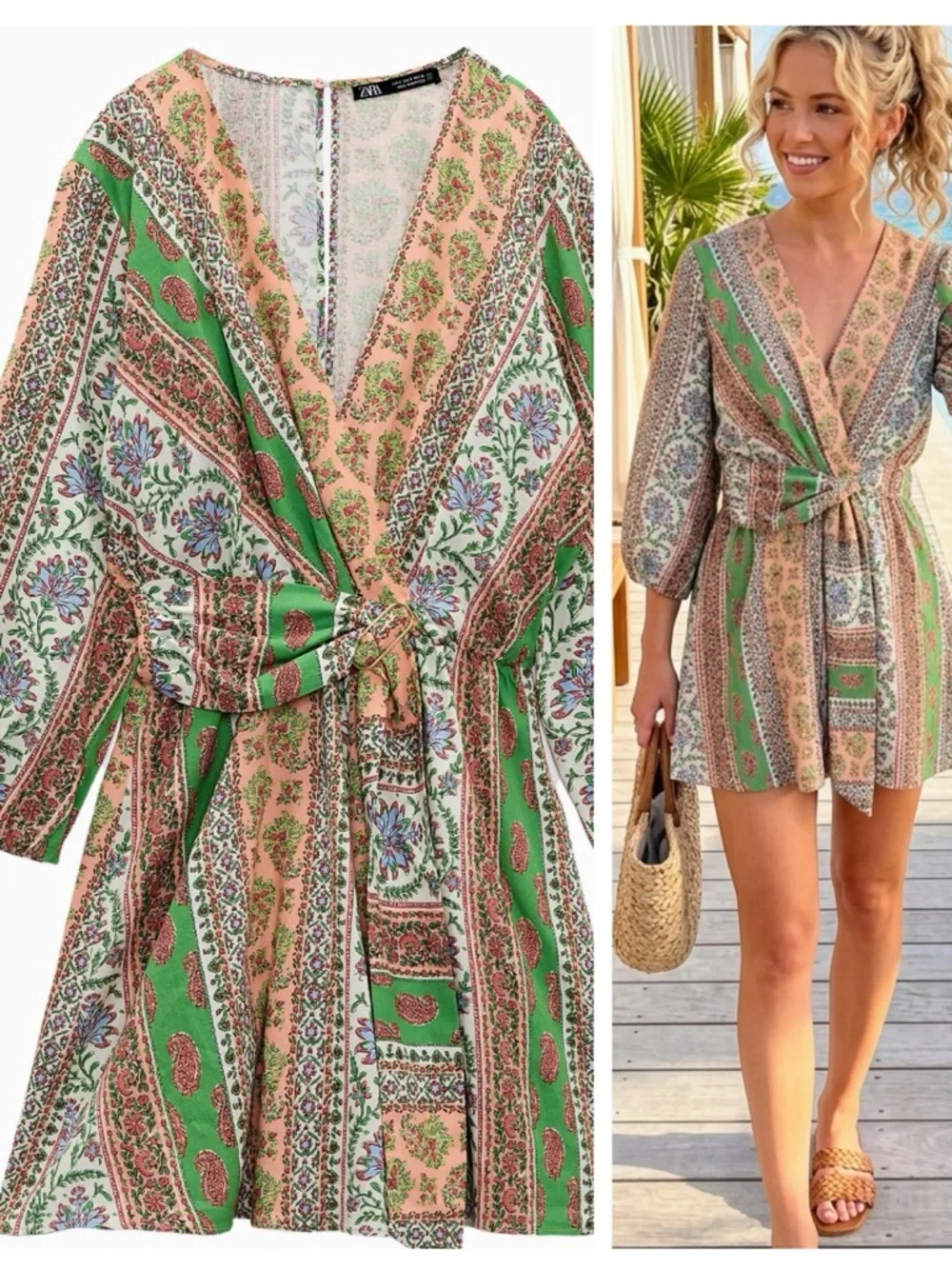 ZARA printed linen blend romper